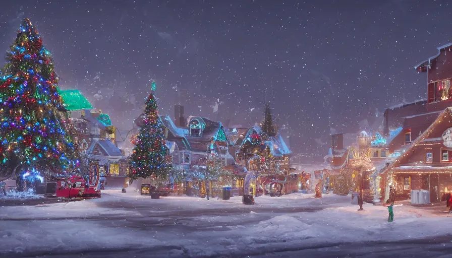 Image similar to midwest town, winter, snow, christmas lights, christmas tree, hyperdetailed, artstation, cgsociety, 8 k