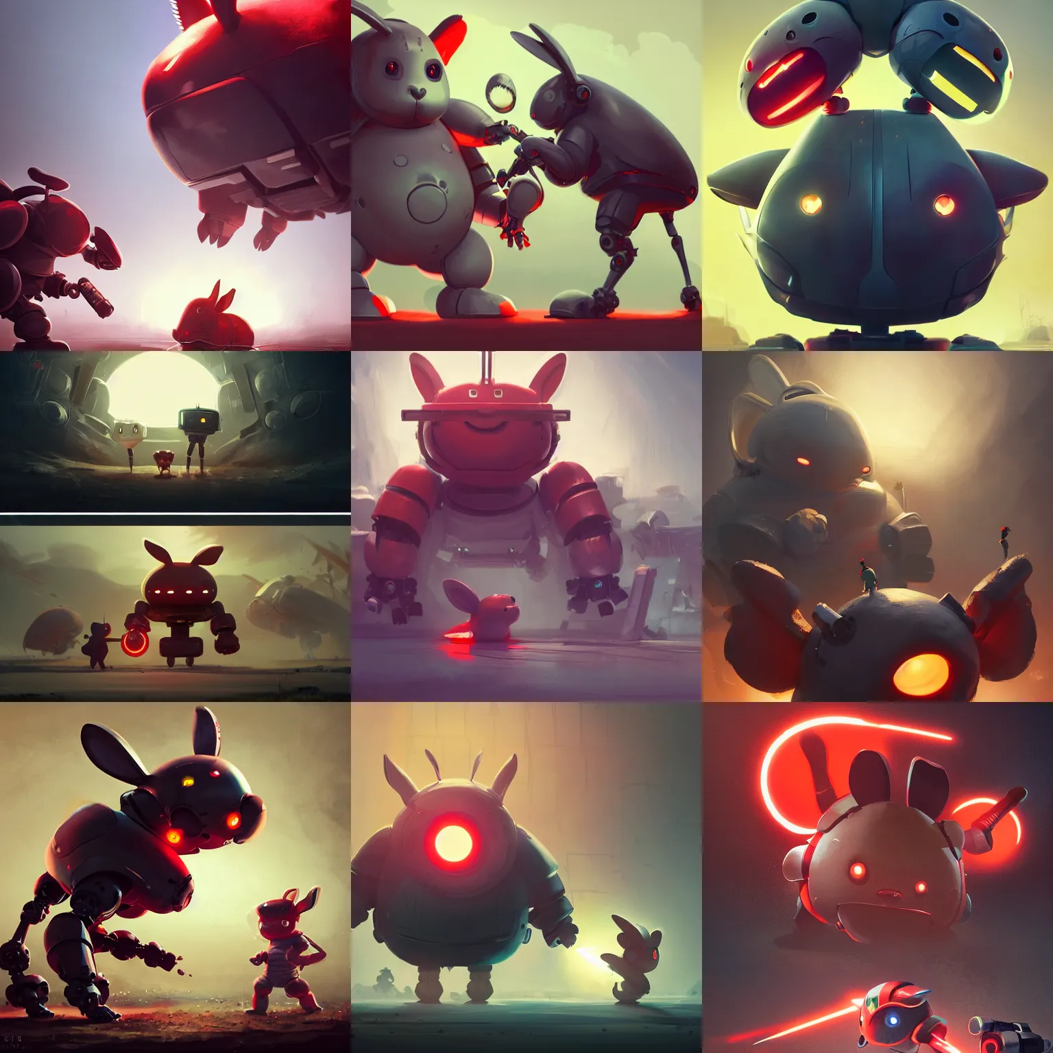 Prompt: sideview of cute chubby dangerous angry 3 years old robots kids in epic battle pose ruling the world with big glowing red rabbit eyes and big giant oversized rabbit ears , big complex belly opening mechanism , epic moody studio light, wapor wave retro design trending on artstation by greg rutkowski