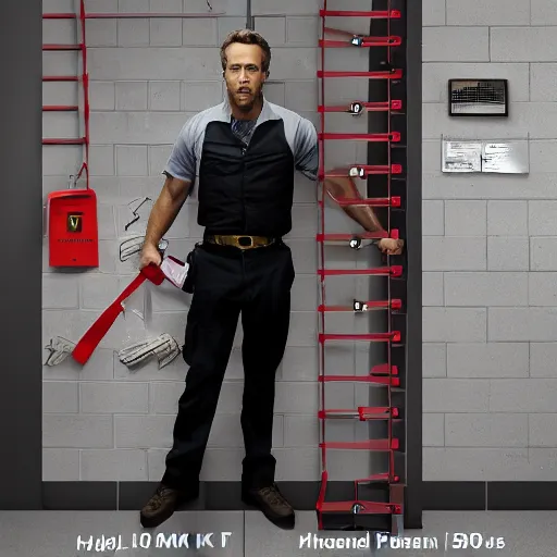 Image similar to photo of Ryan Reynolds in prison outfit getting, handcuffed, getting picture taken in front of a height chart in prison, highly detailed, high quality, HD, 4k, 8k, Canon 300mm, professional photographer, 40mp, lifelike, top-rated, award winning, realistic, sharp, no blur, edited, corrected, trending