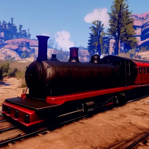 Image similar to futuristic sleek steam locomotive in red dead redemption 2