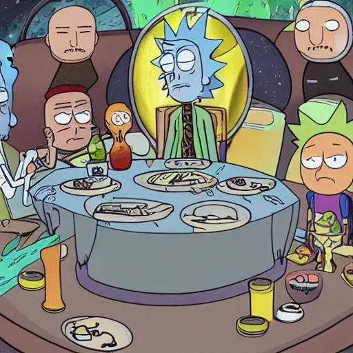 Image similar to rick and morty having dinner in spaceship metallic, layered paper style