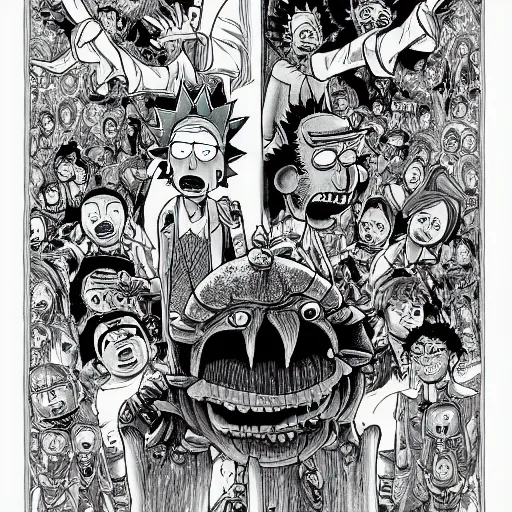 Image similar to rick and morty drawn in the style of Kentaro Miura from berserk, manga, high detail,