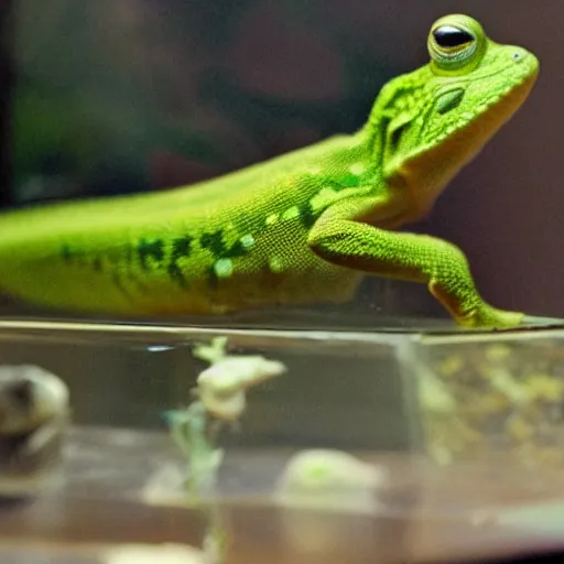 Image similar to mark zuckerberg / gecko sitting inside a terrarium