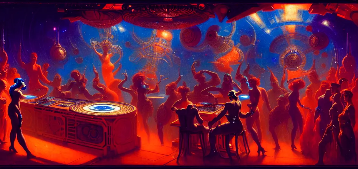Image similar to future empress of the galaxy at a dj booth, hard lighting, full body, futuristic, neon, luxurious, industrial party, dark blue and orange colors, crowded, smoke, lasers painting by gaston bussiere, craig mullins, j. c. leyendecker, lights, art by ernst haeckel, john william godward, hammershøi