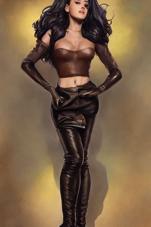 Prompt: beautiful cottagecore Ariana Grande bombshell overknee leather boots and corsette, full body shot, intricate, elegant. the background is chocolate !. highly detailed, digital painting, artstation, concept art, smooth, sharp, focus, illustration. . art by artgerm and greg rutkowski and alphonse mucha