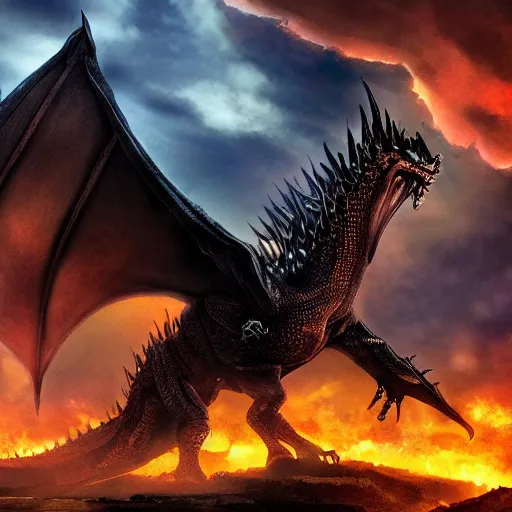 Prompt: Beautiful Landscape view of a midieval city (approx 850 A.D.), a terrifying and awe-inspiring black dragon in the sky is breathing flames on the city, game of thrones, lord of the rings, dungeons and dragons, 4k, cinematic lighting, cinematic composition