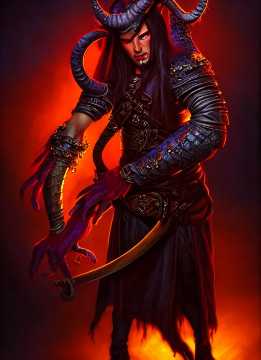 Image similar to tiefling bard, full body, hyper realistic, extremely detailed, dnd character art portrait, dark fantasy art, intricate fantasy painting, dramatic lighting, vivid colors, deviantart, artstation, by wayne reynolds.