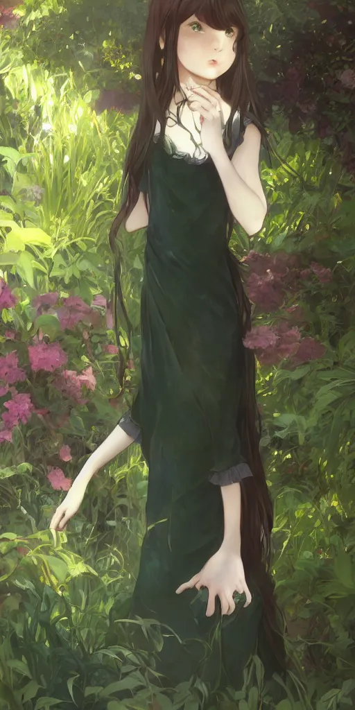 Image similar to a digital art of a loli with long hair in a dark colour dress in the privet garden at after noon, green and warm theme, back lighting, by krenz cushart and mucha and akihito yoshida and greg rutkowski and makoto shinkai, extremely long shot, detailed eyes, 4 k resolution, trending on art station