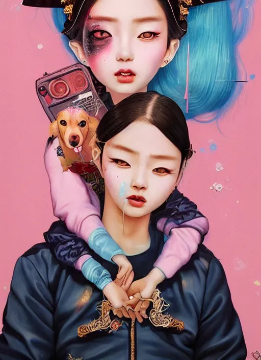 Prompt: beautiful portrait painting of a beautiful attractive korean lofi cyberpunk princess and her corgi assassin king being happy, by Afarin Sajedi, Alessandro Barbucci, Alex Gross, Shin Jeongho, Shohei Otomo. trending on Artstation, 8k, masterpiece, face enhance, graffiti paint, fine detail, full of color, intricate detail, golden ratio illustration