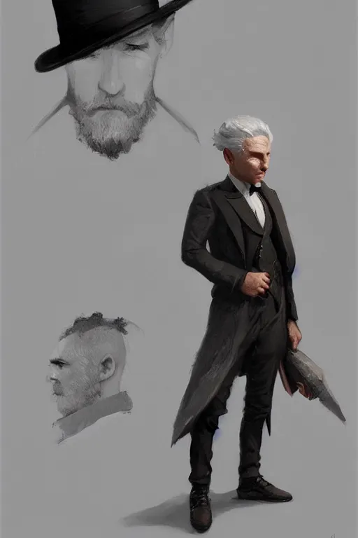 Image similar to a grey hair halfling with stubble top hat and suit by Greg Rutkowski, painting, portrait, high details, trending on artstation