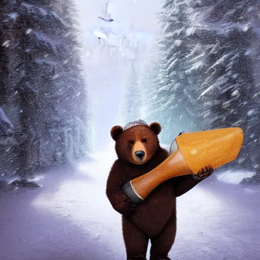 Image similar to smiling brown bear holding bottle of vodka and holding balalaika in colored hat in winter at streets of russian city, sharp focus, fantasy style, octane render, volumetric lighting, 8k high definition, by greg rutkowski, highly detailed, trending on art Station