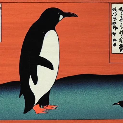 Prompt: a penguin staring pensively into the autumn landscape, award - winning ukiyo - e painting