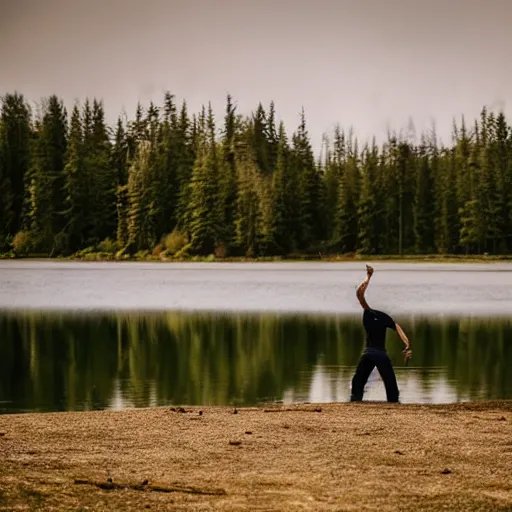 Prompt: Man dancing on the lake