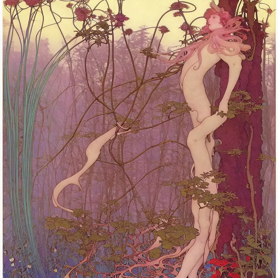 Image similar to ( ( ( beautiful strange forest and flowers and birds ) ) ) by mœbius!!!!!!!!!!!!!!!!!!!!!!!!!!!, overdetailed art, colorful, record jacket, cover art design, decorative frame like alfons maria mucha