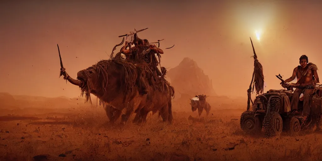 Image similar to solo ancient indian tribesman hunting on atv, chase of buffalo herd ,attacking, action scene, an epic fantasy, dramatic lighting, cinematic, establishing shot, extremely high detail, photorealistic, cinematic lighting, artstation, octane render, by simon stalenhag, horizon forbidden west,old photo, high speed photography, vintage, mad max