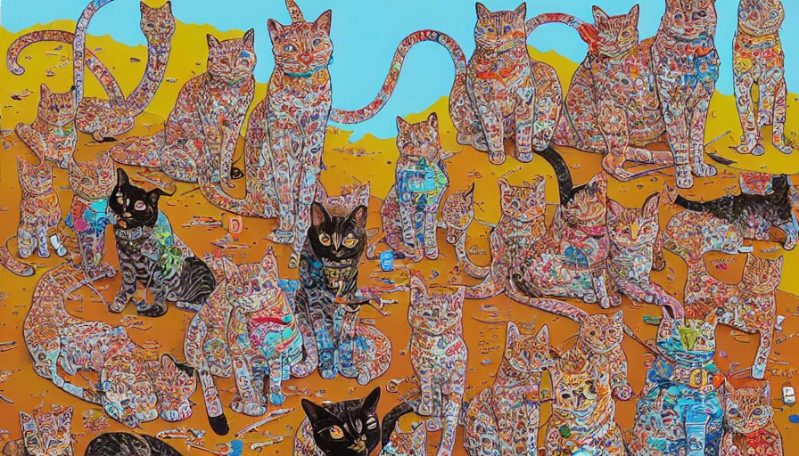 Prompt: highly detailed contemporary acrylic painting of really tall sitting cats by geof darrow, thick brush strokes and visible paint layers, vivid multicolor scheme