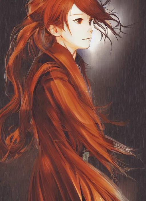 Image similar to illustration by shigenori soejima, by tatsuki fujimoto, by yoji shinakawa, girl with fox ears, long wavy orange hair, light brown trenchcoat, forest background, focus on face, pretty, moody lighting, painterly