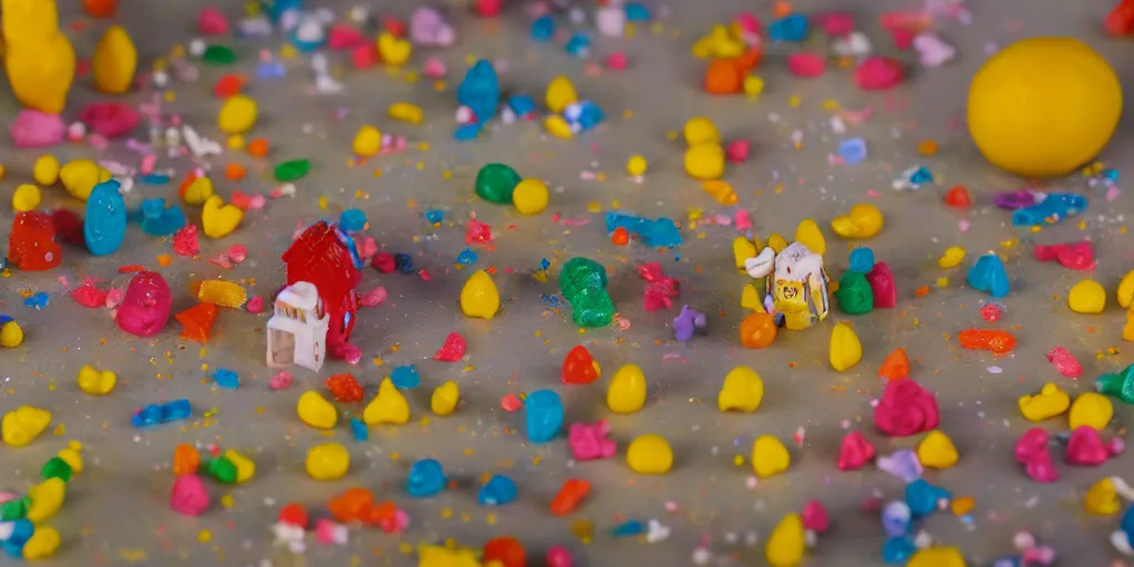 Image similar to a cinematic film still of a claymation stop motion film about a town made of lemons and candy, shallow depth of field, 8 0 mm, f 1. 8