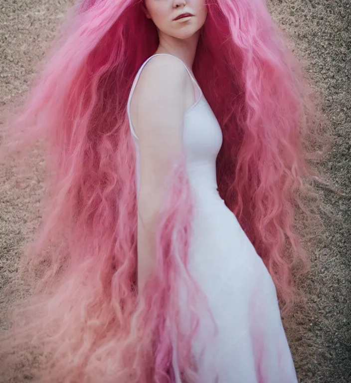 Prompt: a photograph of rose quartz from steven universe, portrait photography, 8 5 mm, iso 4 0 0, focus mode, detailed portrait, gigantic tight pink ringlets, huge pink hair, plus size, extremely beautiful and ethereal, white dress, gorgeous, kind features, beautiful woman, flattering photo, daylight