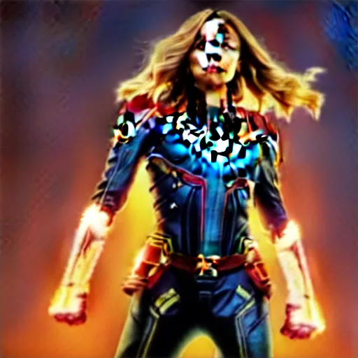 Prompt: Elizabeth Olsen as Captain Marvel, marvel, movie screenshot, cinematic lighting