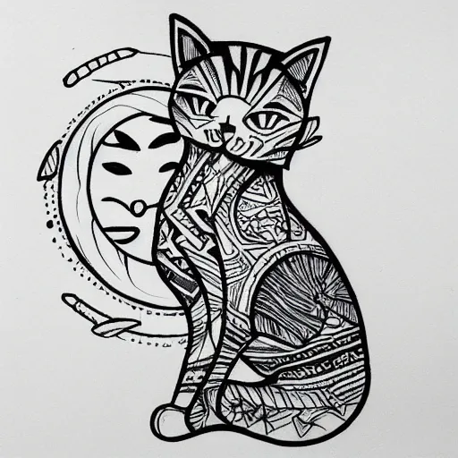 Prompt: tattoo sketch in polynesian style cat hugging the sun, maori