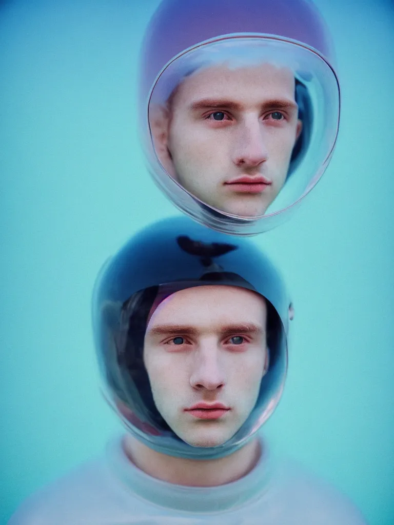 Prompt: high quality pastel coloured close up film portrait photograph of a beautiful twenty year young male, soft facial features, short hair, perspex space helmet and oversized inflated clothing!! in an icelandic black rock pool environment. atmospheric three point light. photographic. art directed. ( pastel colours ). volumetric. clearcoat. waves. 8 k. filmic.