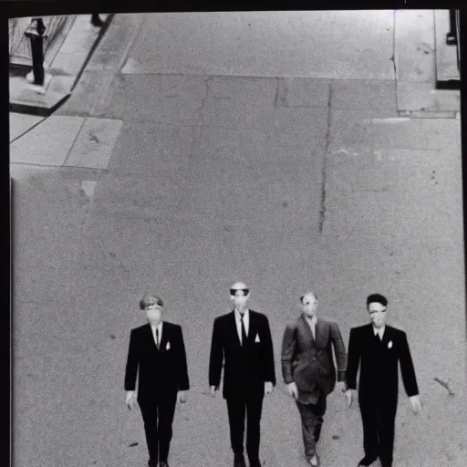 Prompt: wide-shot low angle of invisible people in formal suits walking down the Night Vale street, polaroid photo, by Andy Warhol