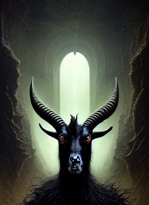 Image similar to portrait shot of evil black goat, a scenic dystopian environment, intricate, elegant, highly detailed, centered, digital painting, artstation, concept art, smooth, sharp focus, illustration, artgerm, tomasz alen kopera, peter mohrbacher, donato giancola, joseph christian leyendecker, wlop, boris vallejo