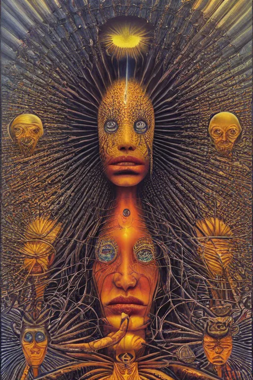 Image similar to THE QUEEN OF THE SUN by jacek yerka, alex gray, zdzisław beksiński, dariusz zawadzki, jeffrey smith and h.r. giger, oil on canvas, 8k highly professionally detailed, trending on artstation