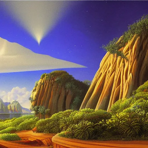 Image similar to painting of a lush natural scene on an alien planet by gerardo dottori. extremely detailed. futurism. beautiful landscape. weird vegetation. cliffs and water.