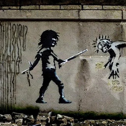 Image similar to banksy graffiti on cursed ancient anunnaki tomb, ps 1 graphics