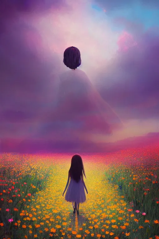 Image similar to giant daisy flower head, girl with veil walking in a flower field, surreal photography, sunrise, dramatic light, impressionist painting, colorful clouds, digital painting, artstation, simon stalenhag