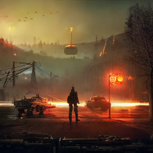 Image similar to battlefield 4 by simon stalenhag and robbert sammelin and eric persson and, 4 k, hdr, tonemapping, detailed, atmospheric, majestical lighting