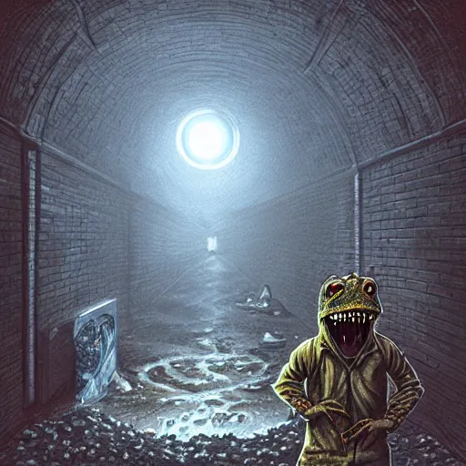 Prompt: a hyper realistic painting of a half lizard half man standing in a sewer, glowing eyes, creepy, horror vibe, real, in the style of dan mumford