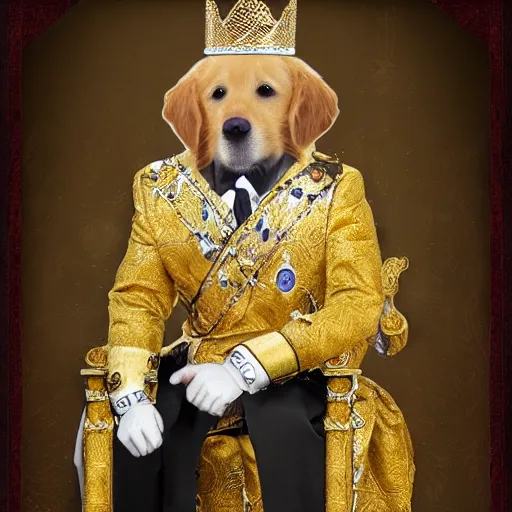 Image similar to Photomanipulation of golden retriver king , is dressed as a king, ultrarealism, photorealism, detailed, crown and gown