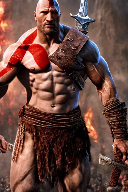 Image similar to film still from god of war, a highly detailed beautiful closeup photo of dwayne johnson kratos holding a sword and fighting zombies on a pile of human skulls, spartan warrior, olympian god, muscular!,, action pose, ambient lighting, volumetric lighting, octane, fantasy