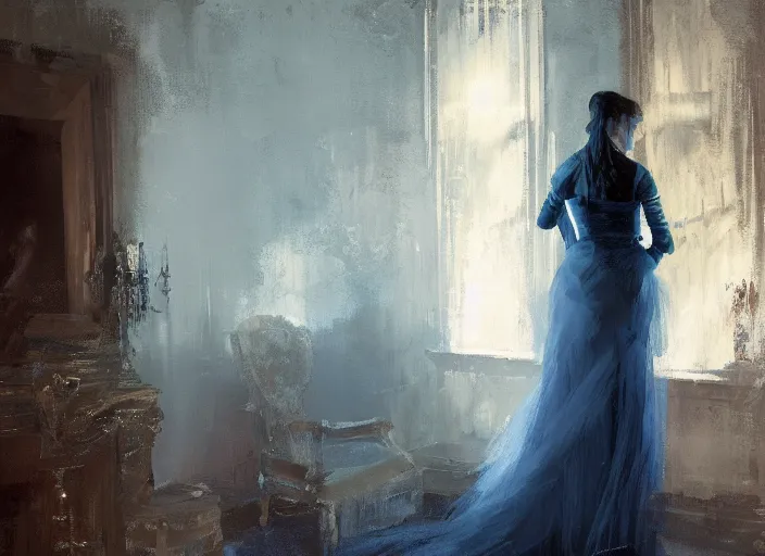 Image similar to portrait of woman in dress, detailed, by jeremy mann, gothic mansion room, blue tones, by alexander fedosav, wooden floor, digital artwork, paint, elegant