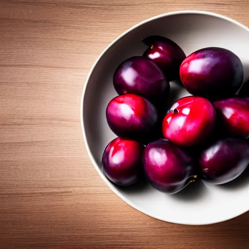 Image similar to photo of a thick porcelain bowl filled with a few moist freshly picked plums on a wooden table. volumetric lighting. 4 k. small scale. realistic. top down.