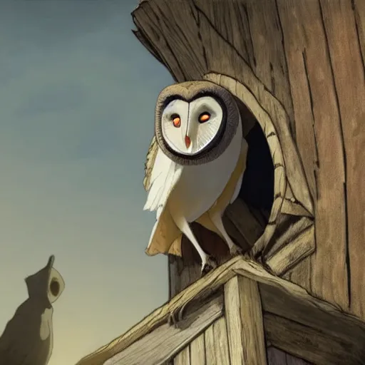 Image similar to a shot of a barn owl in a suit in howl's moving castle movie, movie shot, anime, hightly detailed, rescalated 4 k, detailed