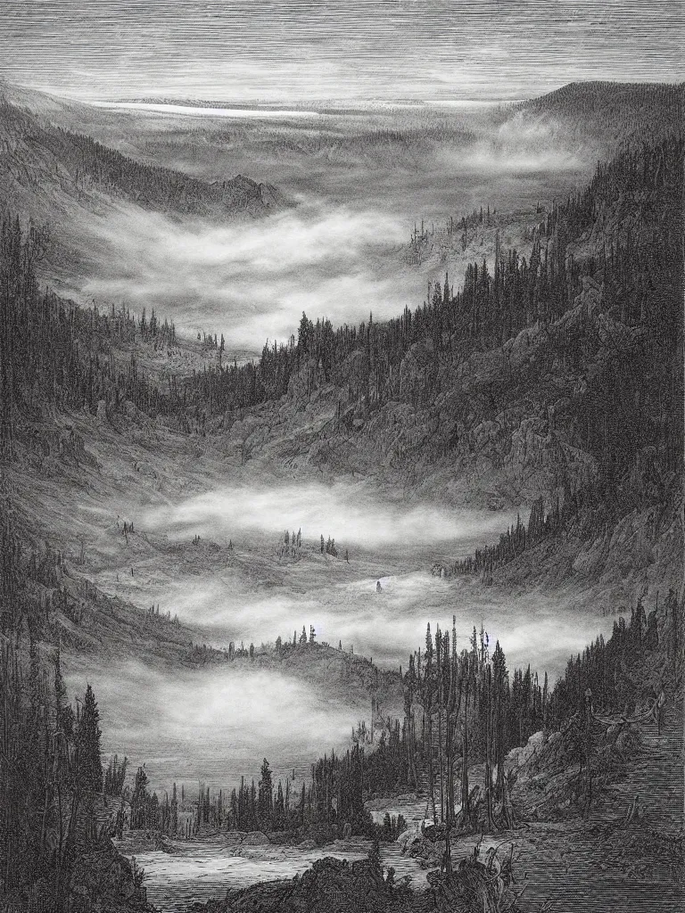 Image similar to an engraving of yellowstone national park by gustave dore and albrecht durer highly detailed, fog, depth, lithograph engraving