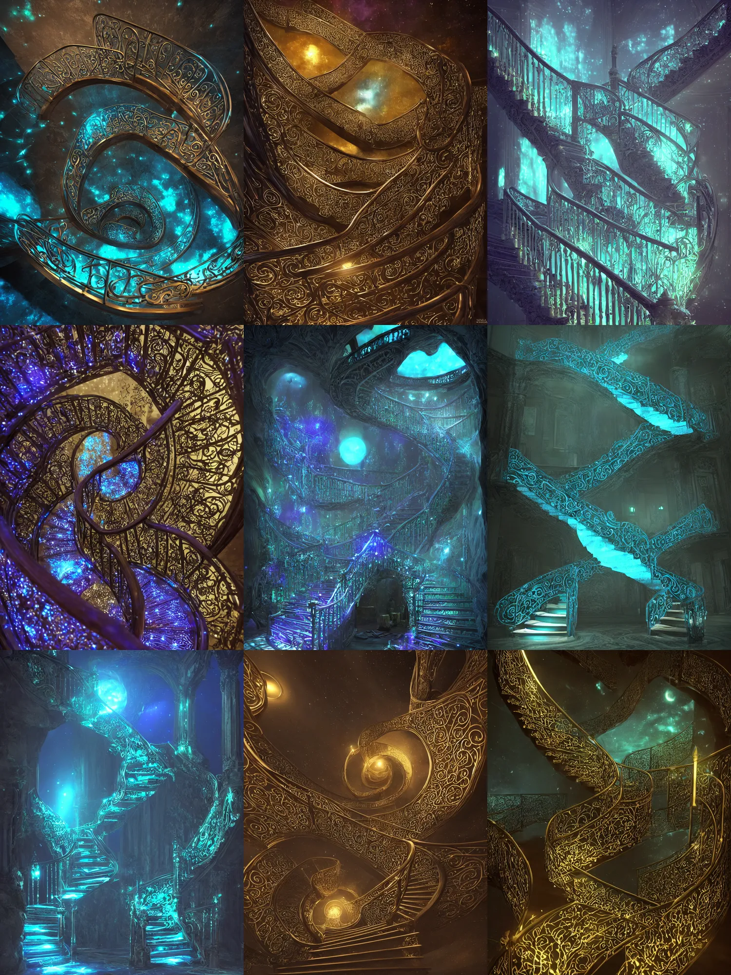 Prompt: bioluminescent staircase to magic universe, fillagree, daint, stunning, detailed, intricate shiny, infinity, universe, fantasy, magic, hyper - realistic, unreal engine, glowing