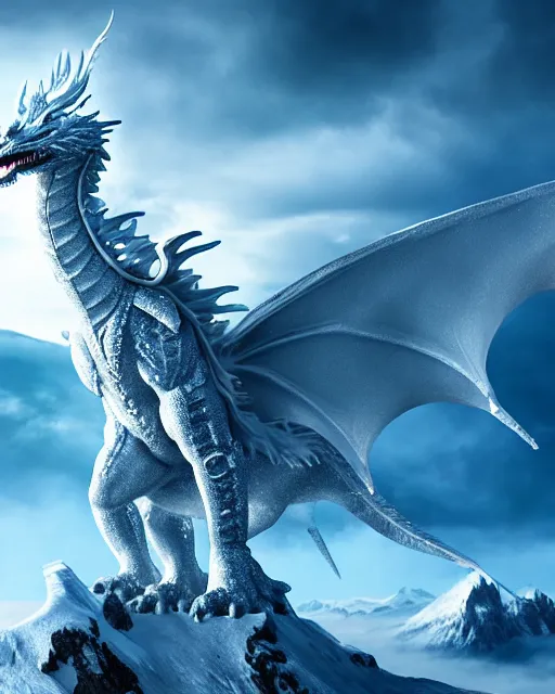 Image similar to giant ice dragon standing on a snowcapped mountain, highly detailed, 4 k, hdr, award - winning, directed by zack snyder