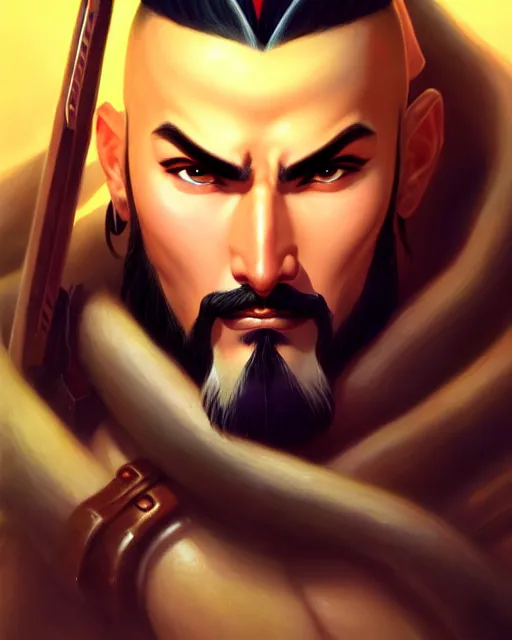 Image similar to hanzo from overwatch, character portrait, portrait, close up, highly detailed, intricate detail, amazing detail, sharp focus, vintage fantasy art, vintage sci - fi art, radiant light, caustics, by boris vallejo