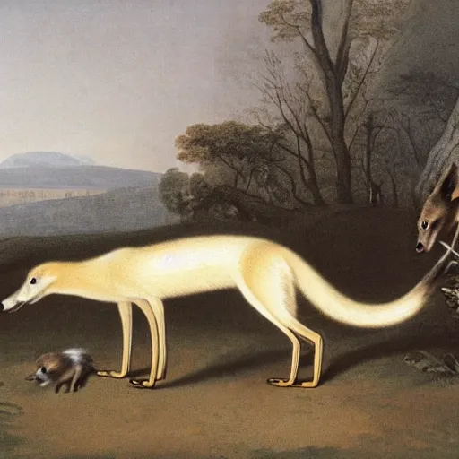 Prompt: group of long necked fox wolf rats wearing coats, by george stubbs