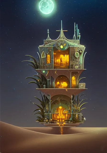 Image similar to a single building flying above a desert oasis in a moonlit night in the style of peter mohrbacher and jacek yerka, detailed