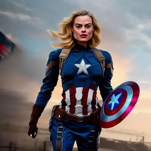 Image similar to Margot robbie as captain america, highly detailed, 4k HD, hyperdetailed