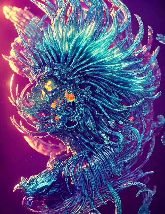 Image similar to witch phoenix macro close - up portrait with crown made of ram skull. phoenix, betta fish, jellyfish, plasma, ice, water, wind, creature, super intricate ornaments artwork by tooth wu and wlop and beeple and greg rutkowski