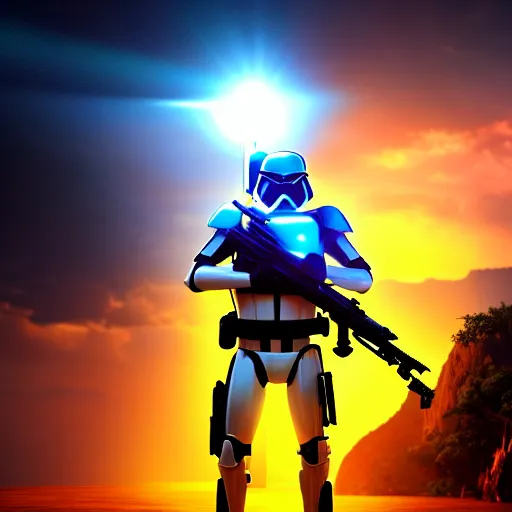 Image similar to storm trooperd on holiday in thailand ultra realistic, lens flare, atmosphere, glow, detailed, intricate, full of colour, cinematic lighting, trending on artstation, 4 k, hyperrealistic, focused, extreme details, unreal engine 5, cinematic, masterpiece, ultra realistic, hyper realistic, highly detailed, sharp focus, digital art