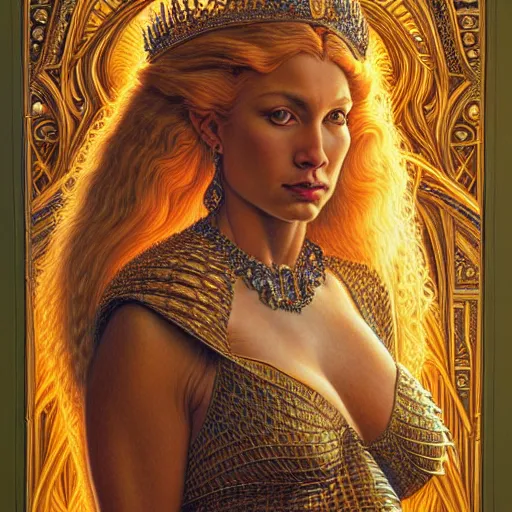 Image similar to highly detailed portrait of a majestic lioness queen in the form of a beautiful woman. d & d. art by donato giancola, arthur adams, anna dittmann, alberto vargas. trending on artstation, intricate details, energetic composition, golden ratio, concept art, illustration, elegant art, global illuminaition