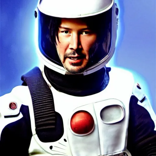 Image similar to Keanu reeves in a spacesuit with helmet on, headshot, photo still